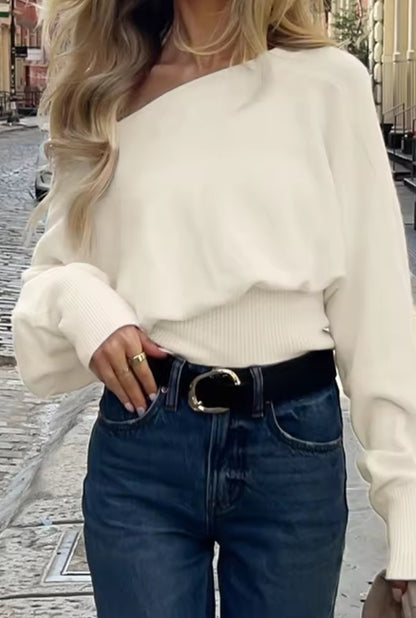 ✦ off-shoulder sweater – women’s loose knitted pullover (white)
