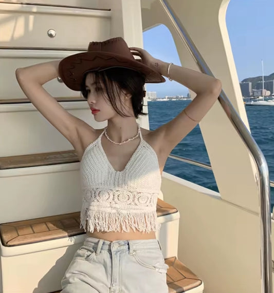 white / beige boho backless halter ✦ summer