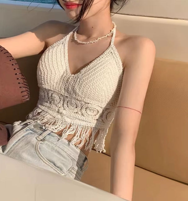 white / beige boho backless halter ✦ summer