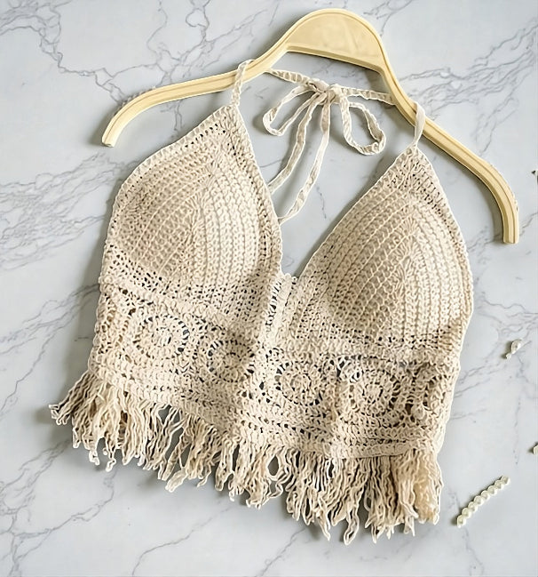 white / beige boho backless halter ✦ summer