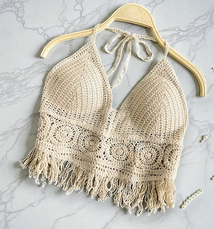 white / beige boho backless halter ✦ summer