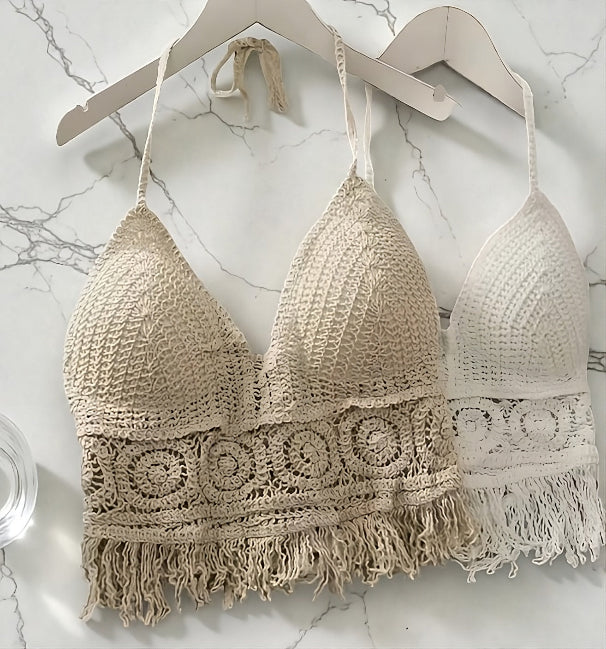 white / beige boho backless halter ✦ summer