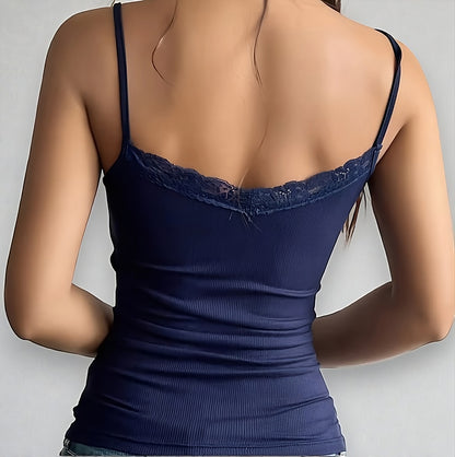 blue low-cut lace cami ✦ open back